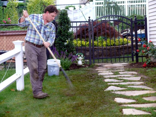 Rake the entire work area, being careful not to disturb the replanted grass.