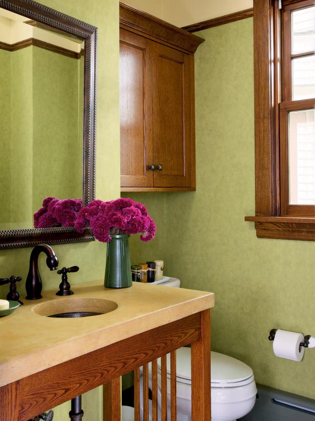 Green Arts and Crafts Style Guest Bath With Hammered-Copper Sink Green Arts and Crafts Style Guest Bath With Hammered-Copper Sink