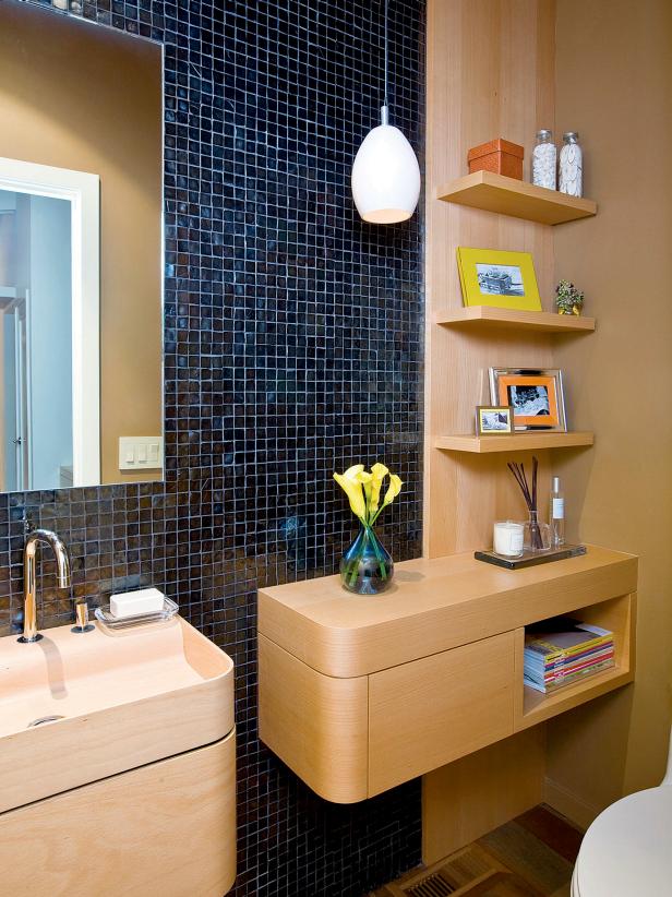 Blue Tiled Powder Room With Birch Paneled Vanity Blue Glass Tiled And Birch Wood Bathroom