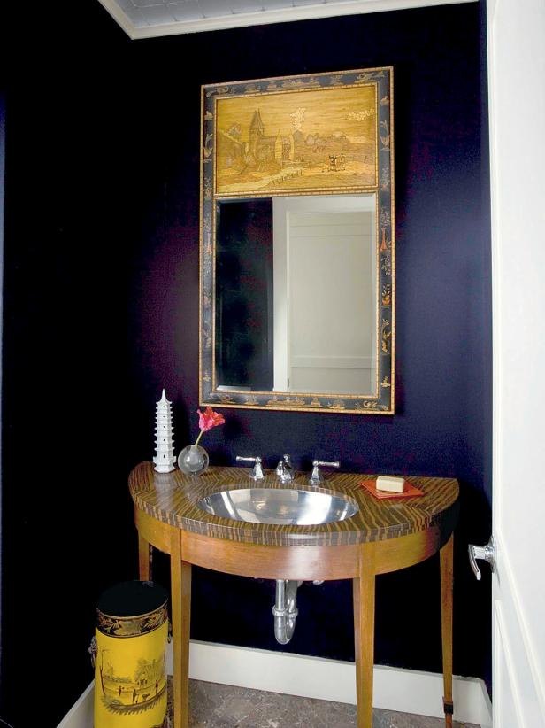 Black Guest Bath With Polished Chrome Undermounted Sink Faux Zebra-Wood Vanity Black Guest Bath With Polished Chrome Undermounted Sink Faux Zebra-Wood Vanity