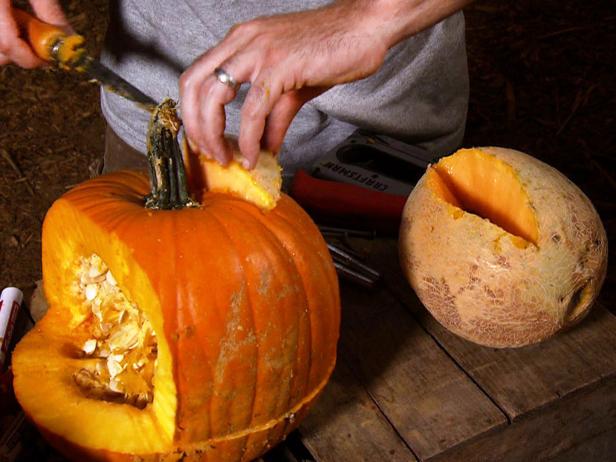 Carve a piece out of your prime pumpkin and then cut a similarly shaped piece from a donor pumpkin or melon. Fit the piece into the hole and make adjustments until it fits just right. We used a melon because of the brain-like texture of its skin.