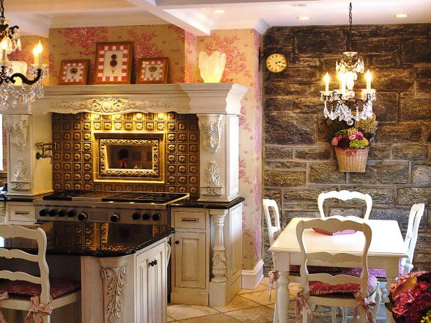 Shabby Chic Kitchen with Romantic Stone-Wall Dining Room Shabby Chic Kitchen with Romantic Stone-Wall Dining Room