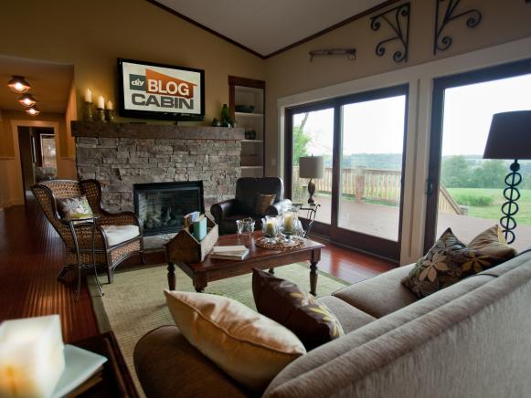 DIY Blog Cabin Stone Fireplace in Living Room Living Room Features Stone Fireplace