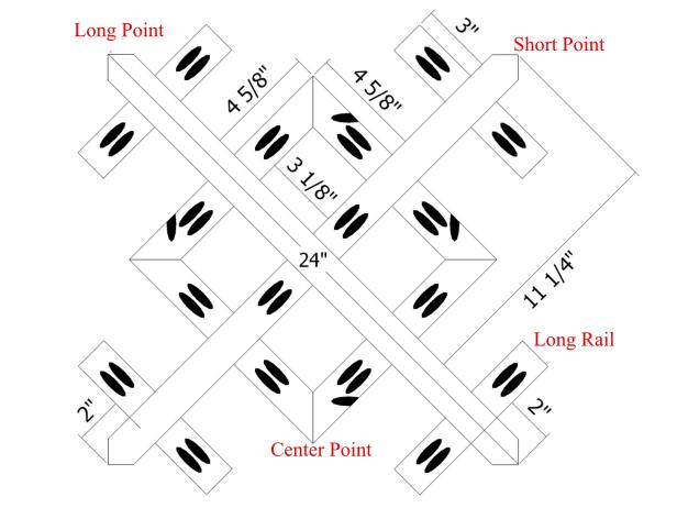 Use the guide for cutting the long points, short points, long rails and center points. Using a miter saw, cut 45-degree angles when cutting to shape both ends of the long points and one end of the short points. Cut 45-degree miters on one end of the center points.