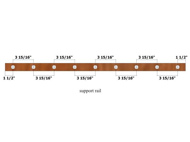 Once you have cut your side rails you can move on to your support rails. Use the guide shown to plan the drilling of 7/8-inch holes in the support rails.