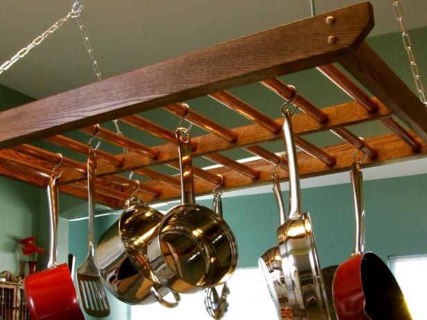 Pot Rack Ladder With Hanging Pots and Pans