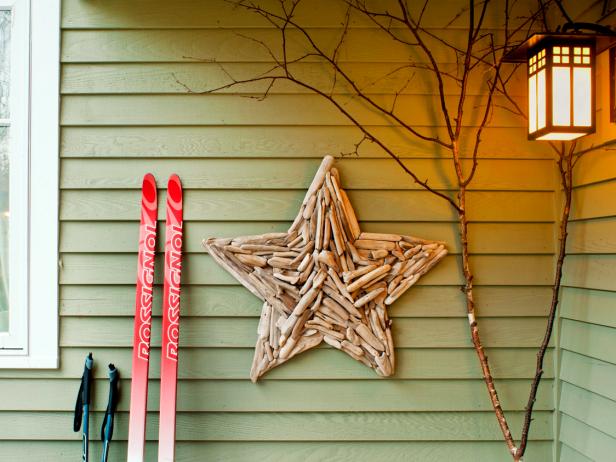 Driftwood Star Hung on Front Porch With Skis, Poles and Craftsman Sconce Driftwood Star Hung on Front Porch With Skis, Poles and Craftsman Sconce