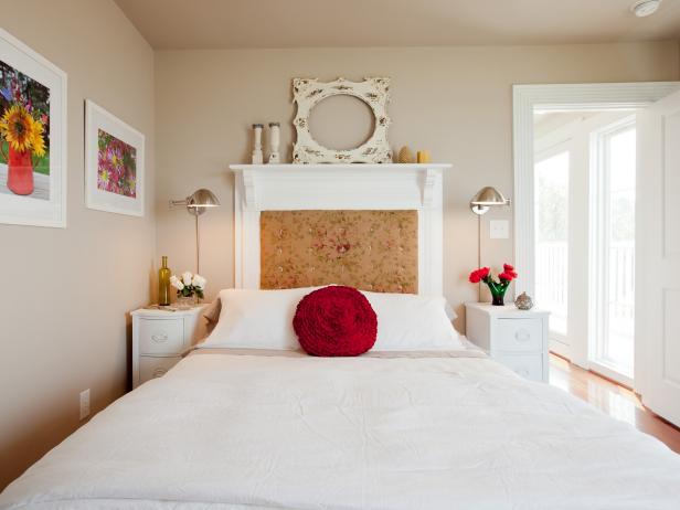 White Master Bedroom With White Mantel Headboard and Colorful Artwork White Master Bedroom With White Mantel Headboard and Colorful Artwork