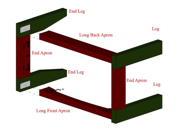 Position the long back apron and long front apron flush against the end apron assemblies and attach using glue and 2-1/2" pocket-hole screws.