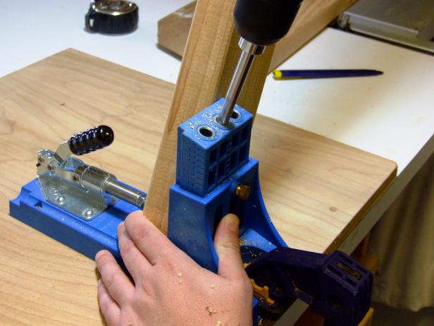Set the pocket-hole jig and drill bit for drilling into 1-1/2-inch stock.