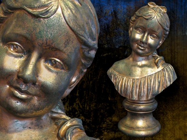 Using a sponge, make-up sponge or bunched up cheesecloth, gently dab a mixture of dark green and black craft paint over the surface of the statue. Leave some of the metal paint showing through. Let dry.