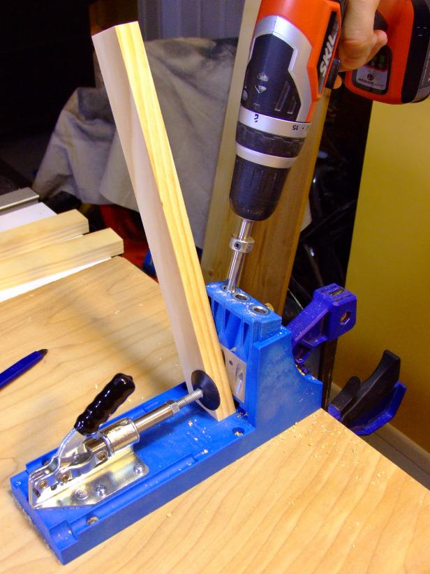 Then mark, cut to shape and drill pocket holes in the upper arms. Cut a 22.5-degree miter on one end. Be sure to create one as a mirror image of the other.