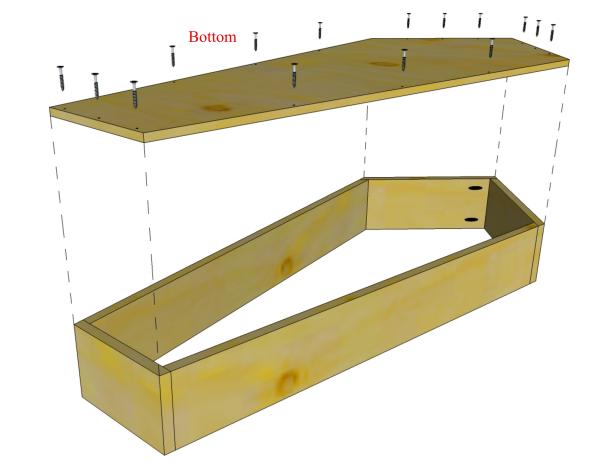 Use a jigsaw to cut the bottom and lid to shape. With the marked side up, position the bottom flush with the edges of the assembly and attach using glue and 1-1/4" deck screws.