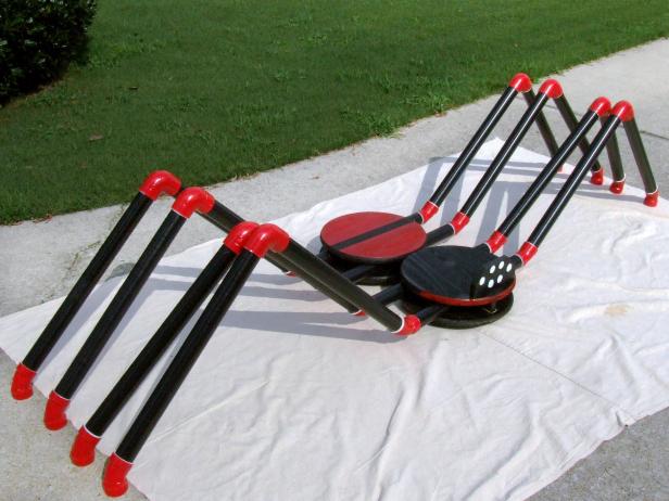Depending on the terrain, you may need to reposition the 45-degree elbows on the end of the legs that touch the ground so the legs will stay in place. Also feel free to rotate the legs as desired to enhance the look of the spider and give it the look as if it is in motion.