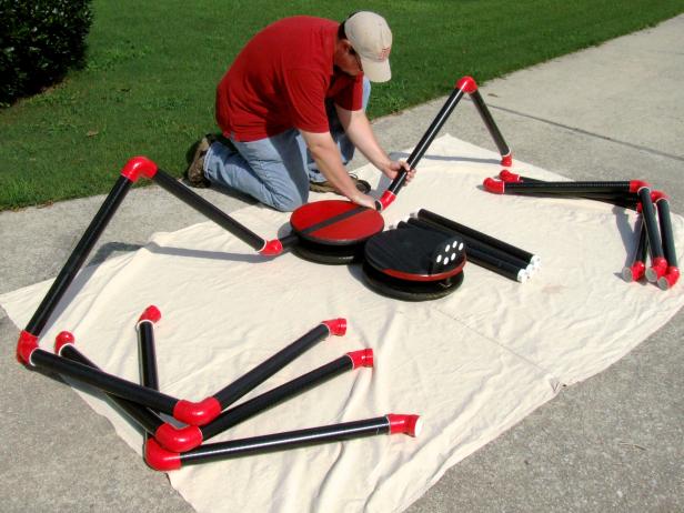 Attach one leg assembly at a time to the legs in the body assembly. Make any adjustments as needed in test fitting.