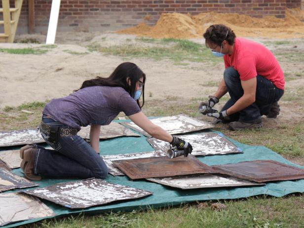 Place dry panels onto the tarp and apply a coat of polyurethane spray to both sides of each panel. Apply a second coat to seal in both sides of the lead-based paint.