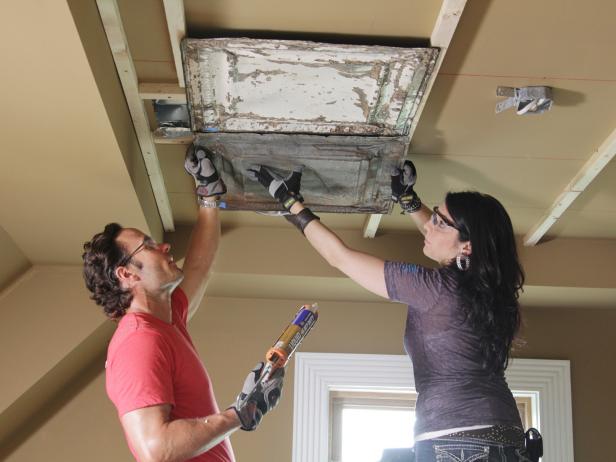 Attach the second ceiling panel with a slight overlap, using a heavy-duty construction adhesive to connect the edges.