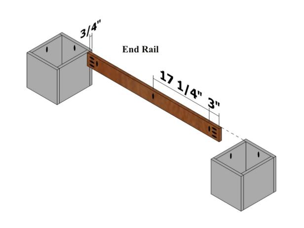 Position one end rail 3/4 inch from the narrow end and flush with the top (where the pocket holes are placed on the feet assembly) and the vertical pocket holes pointing in the same direction as the pocket holes on the feet assembly.
