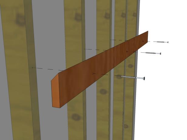 Use a level to square the cleat and attach it to the studs in your wall using 3-1/2-inch screws. (The drywall is transparent to illustrate the position of the studs.)