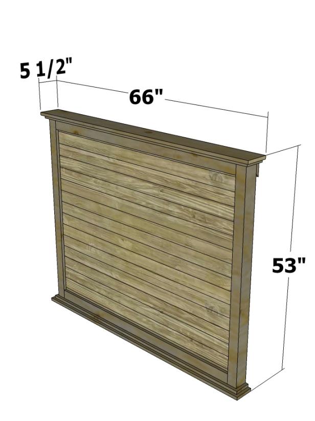 The finished dimensions are 53" high x 66" wide x 5-1/2" deep.