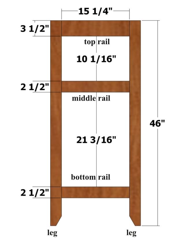 Position the bottom rails, middle rails, and top rails and attach to the legs using glue and 1-1/4-inch pocket-hole screws. Create three assemblies.