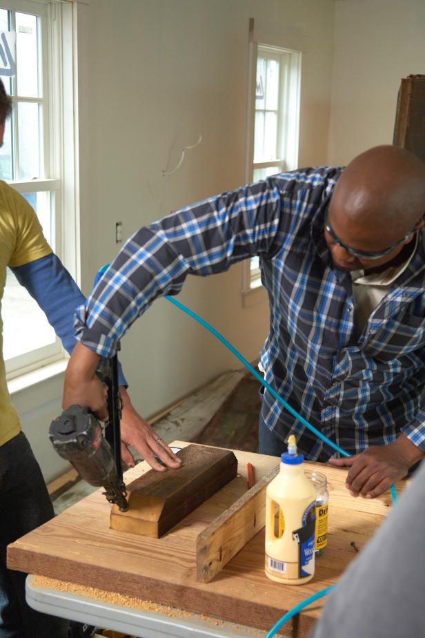 Tack this piece in place with 2" finish nails and do the same for the beveled pieces.