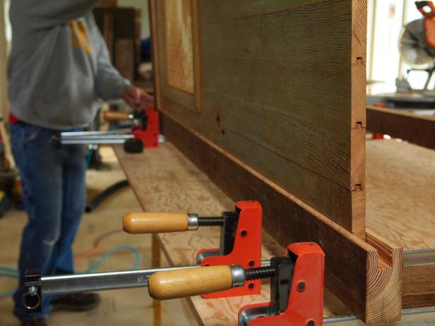 The 2x4s were rabbeted out for the door thickness, glued, nailed and clamped overnight.