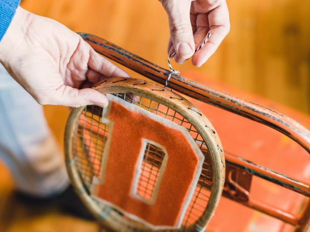 Tennis Racket Chair Swag Step 4b, Attach racket to Tennis Racket Chair Swag Step 4b, Attach racket to