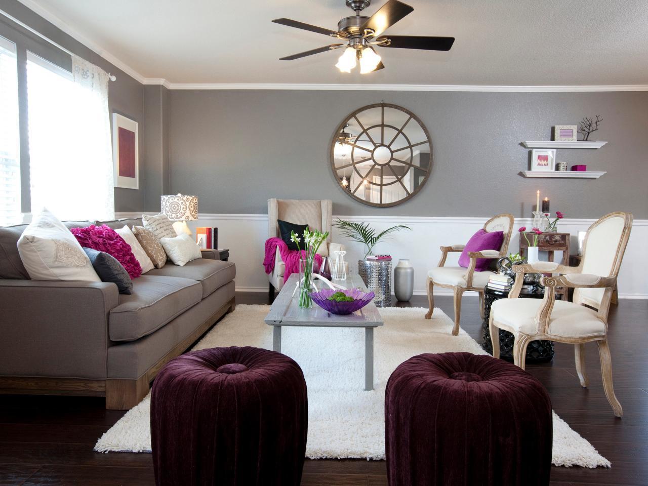 grey and plum living room decor