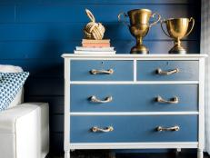 Using two shades of paint and a roll of sisal rope, transform a humdrum wood dresser into a cottage-style dresser.