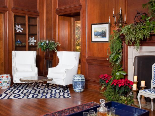 Wood-paneled Traditional Room with Holiday Greenery on Mantel and Floor Lamp
Wood-paneled Traditional Room with Holiday Greenery on Mantel and Floor Lamp
