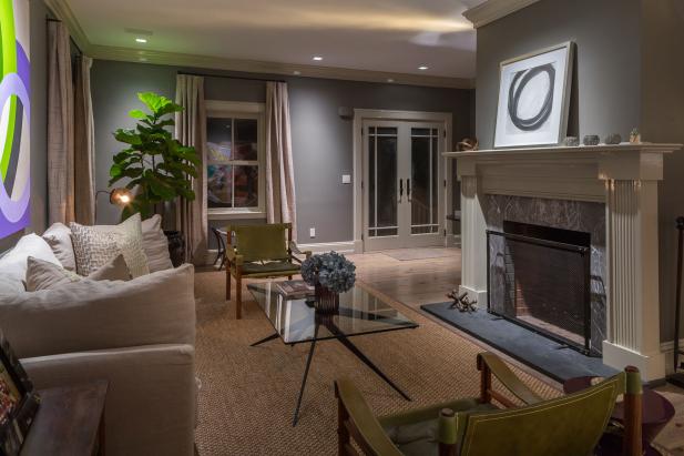Transitional Living Room with Fireplace and Safari Chairs Transitional Living Room with Fireplace and Safari Chairs