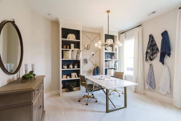 Transitional Craft Room and Home Office with Built-in Bookshelves Transitional Craft Room and Home Office with Built-in Bookshelves