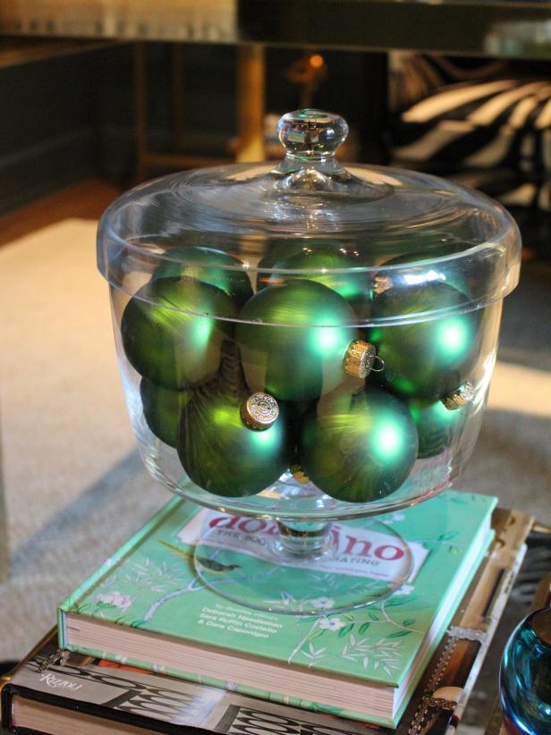 Ornaments in Vitrine holiday decor