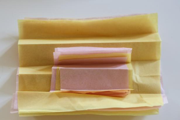 Add an Accordion Style Fold to the Tissue Paper Peonies Squares of tissue paper are folded like an accordion.