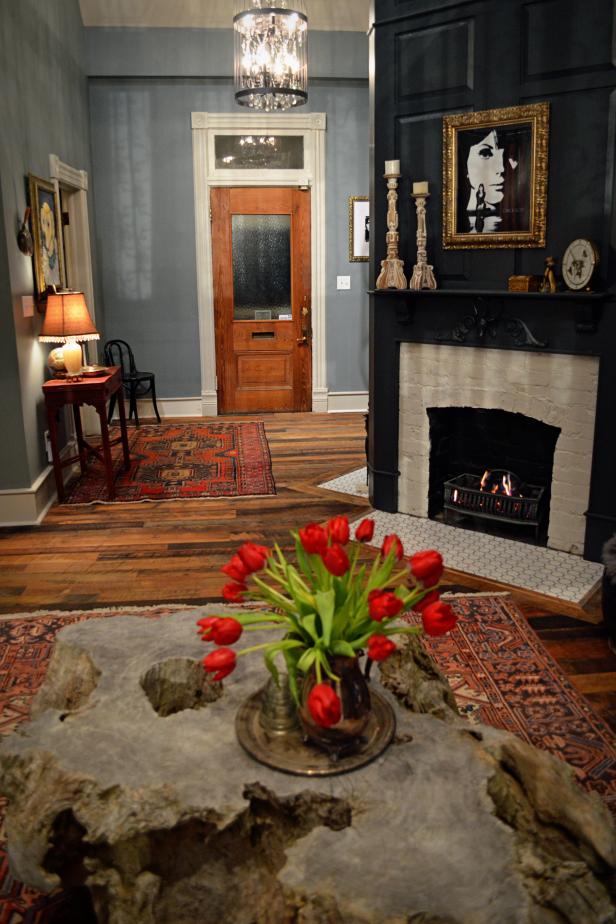 Black and Gray Den with Brick Fireplace Black and Gray Den with Brick Fireplace