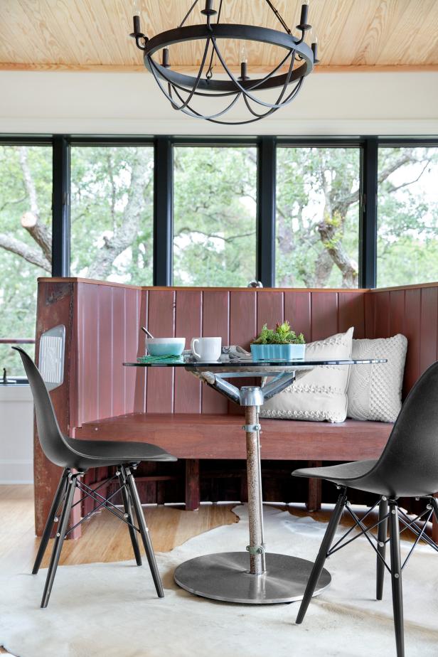 A pair of black chairs complete the breakfast dining area, which combines style with a sense of fun.