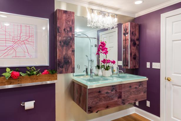 Contemporary Purple Bathroom with Wood Grain Cabinets Contemporary Purple Bathroom with Wood Grain Cabinets