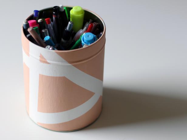 Painted Pen Holder geometric pink and white pen holder