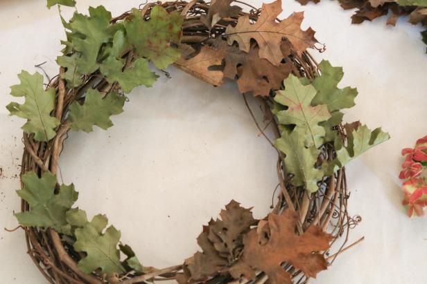 Hot Glue Leaves on the Grapevine Wreath Hot Glue Leaves on the Grapevine Wreath