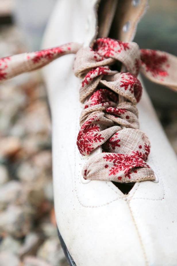 Lacing Skates with Ribbon Skates are laced with ribbon.