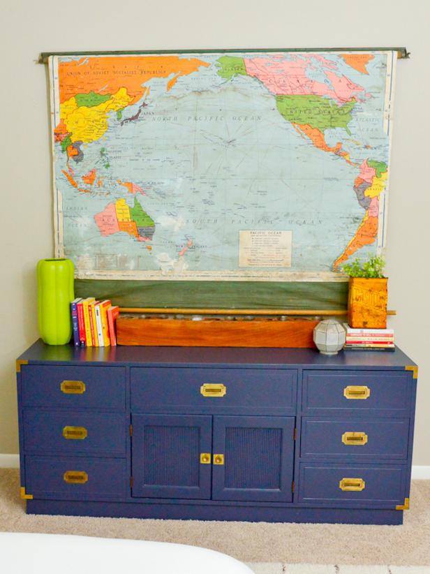 Bright World Map Reused as Decoration Above Blue Chest Bright World Map Reused as Decoration Above Blue Chest