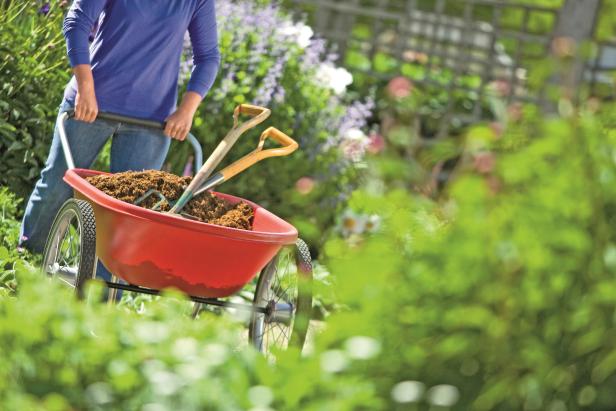 Garden Cart With Mulch Mulch In Two Wheel Wheelbarrow