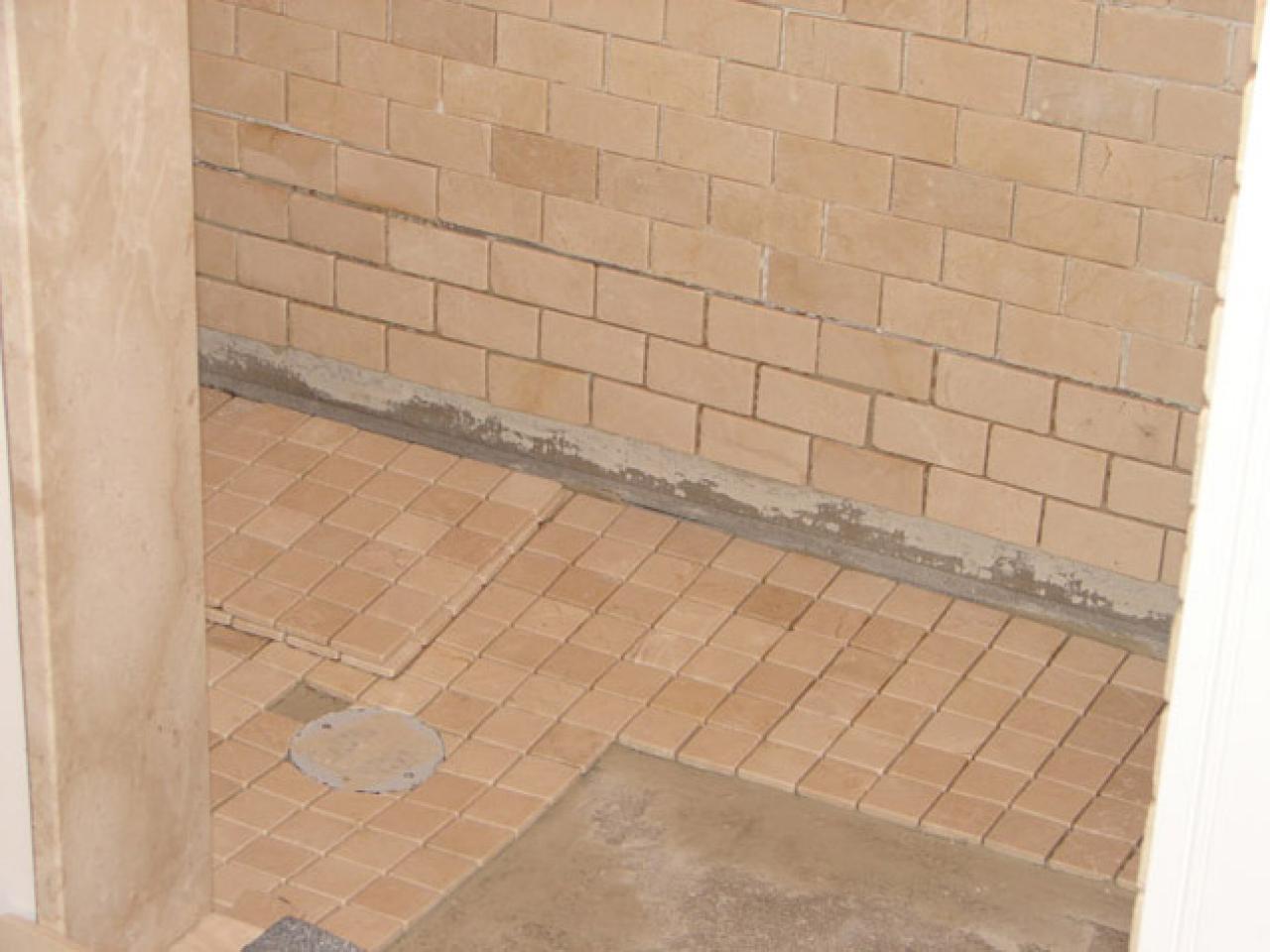 Vertical Tile Layout With Horizontal Accent Band In Shower