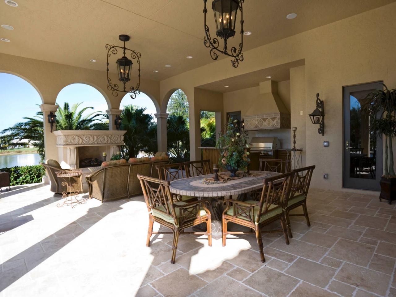 Elegant Outdoor Kitchen In Garden lakeside outdoor eating area