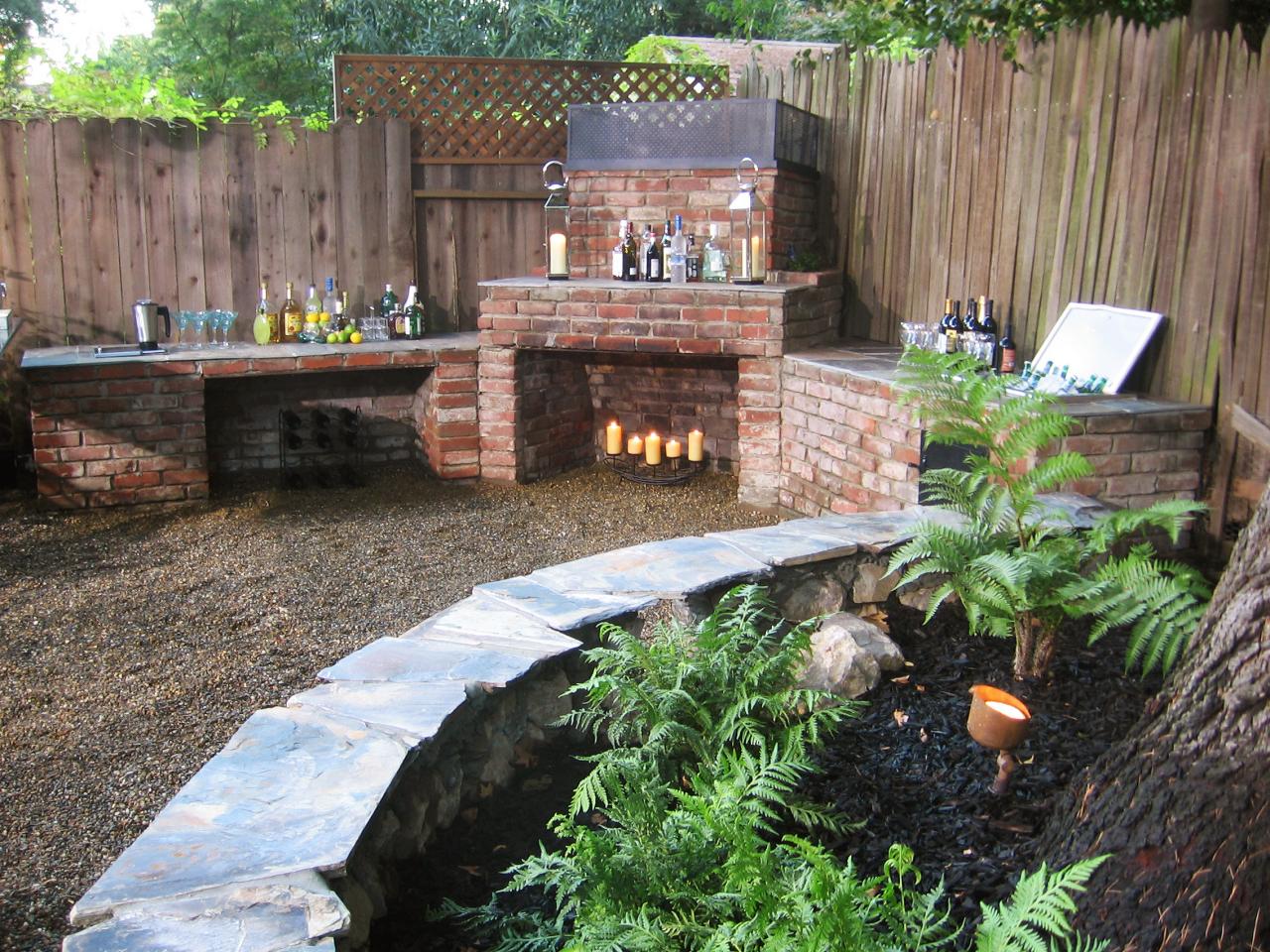 Stone backyard fireplace