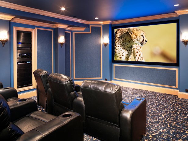 Blue Home Theater with Black Leather Chairs 