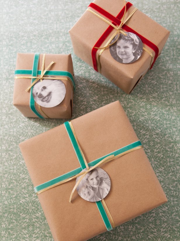 Different types of Christmas wrapping aranged with photo tags in a photo