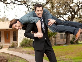 Posed portraits of Property Brothers hosts Jonathan and Drew Scott in front of a house that's on the market in Georgetown, Texas.