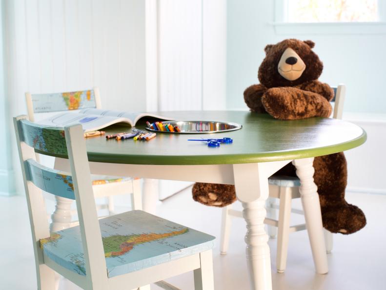Create a clever, crafty activity station from an old wooden dining table and a mixing bowl.